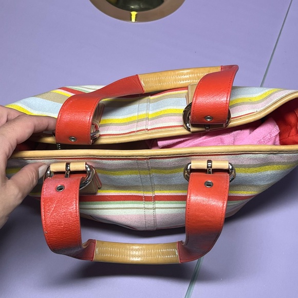 Vintage 2004 Coach Hamptons Daisy Multicolor Striped Handbag Cotton Leather Y2K - Picture 12 of 16